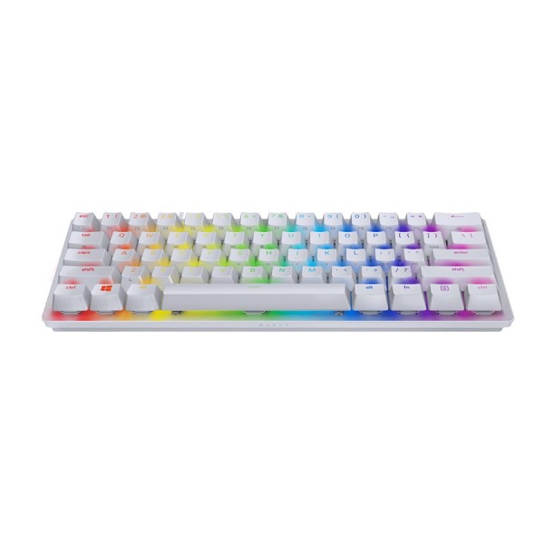 كيبورد العاب سلكي Razer Huntsman Mini Mercury, تصميم 60%, مفاتيح Purple Optical Switches, إضاءة Chroma RGB, كابل USB-C قابل للفصل,  يدعم Razer Synapse - أبيض