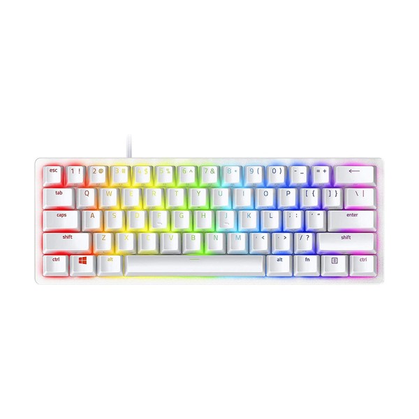 كيبورد العاب سلكي Razer Huntsman Mini Mercury, تصميم 60%, مفاتيح Purple Optical Switches, إضاءة Chroma RGB, كابل USB-C قابل للفصل,  يدعم Razer Synapse - أبيض