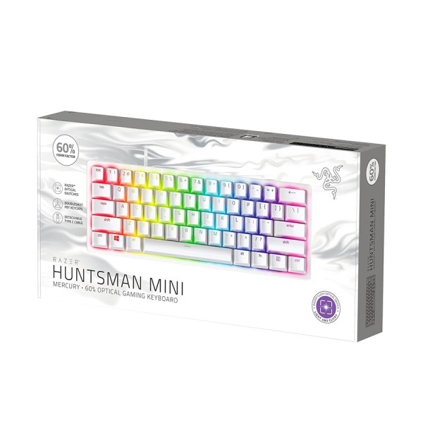 كيبورد العاب سلكي Razer Huntsman Mini Mercury, تصميم 60%, مفاتيح Purple Optical Switches, إضاءة Chroma RGB, كابل USB-C قابل للفصل,  يدعم Razer Synapse - أبيض