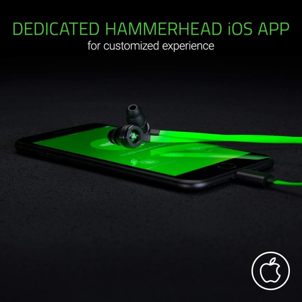 سماعة الأذن السلكية RAZER Hammerhead, متوافقة مع أجهزة iOS, ميكروفون مدمج, تصميم داخل الأذن, كابل مانع للتشابك بطول 1.2 متر - أسود/أخضر