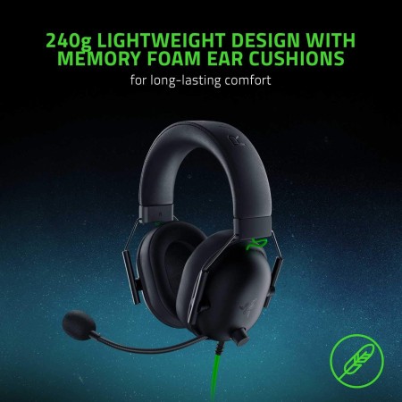 سماعة العاب سلكية Razer BlackShark V2 X, صوت محيطي 7.1 , منفذ 3.5 مم, وسائد أذن من فوم ميموري, ميكروفون HyperClear من نوع Cardioid, الوزن 240 غرام,  كيبل 1.3 متر - أسود