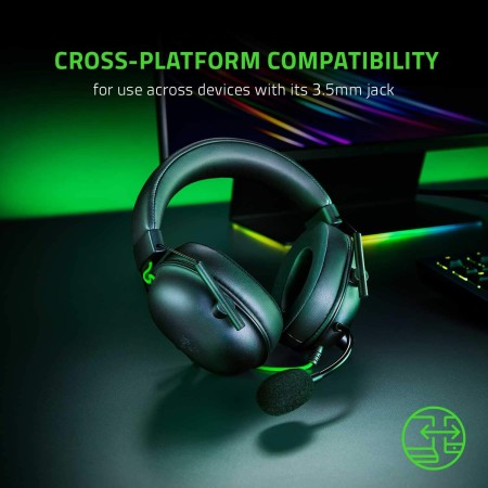 سماعة العاب سلكية Razer BlackShark V2 X, صوت محيطي 7.1 , منفذ 3.5 مم, وسائد أذن من فوم ميموري, ميكروفون HyperClear من نوع Cardioid, الوزن 240 غرام,  كيبل 1.3 متر - أسود