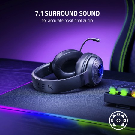 سماعة الألعاب سلكية Razer Kraken V3 X, صوت محيطي 7.1,  إضاءة Razer Chroma RGB, وسائد أذن من الفوم الميموري, ميكروفون قابل للإزالة, كيبل 2 متر USB - أسود