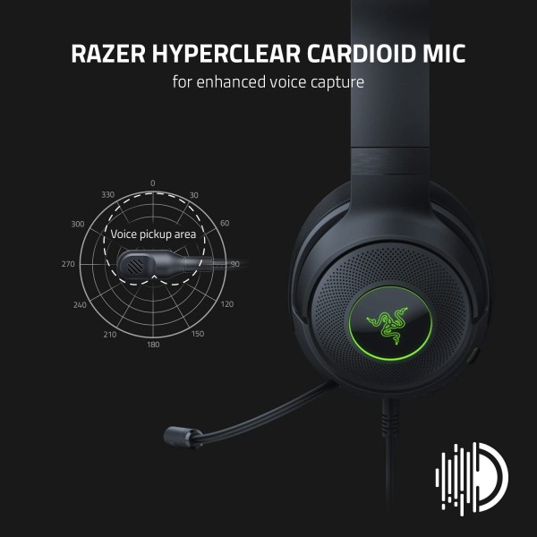RAZER Kraken V3 X  wired gaming headset, 7.1 Surround, Chroma RGB lighting, Detachable microphone, 2-meter USB cable - BLACK