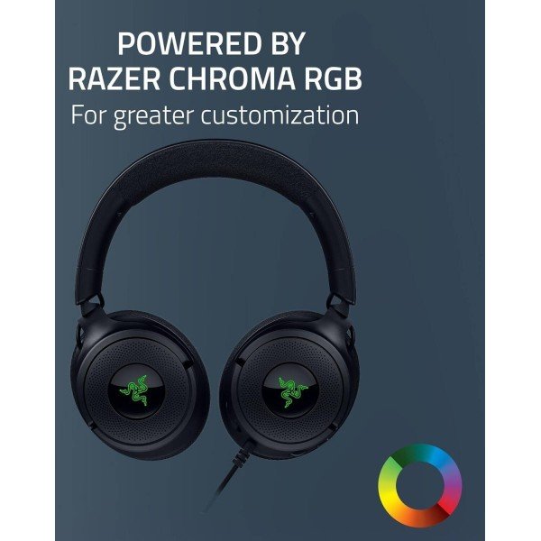 سماعة احترافية سلكية Razer Kraken V4 X 7.1, صوت محيطي 7.1, إضاءة Razer Chroma RGB, ايكروفون HyperClear Cardioid القابل للسحب, اتصال سلكي - أسود