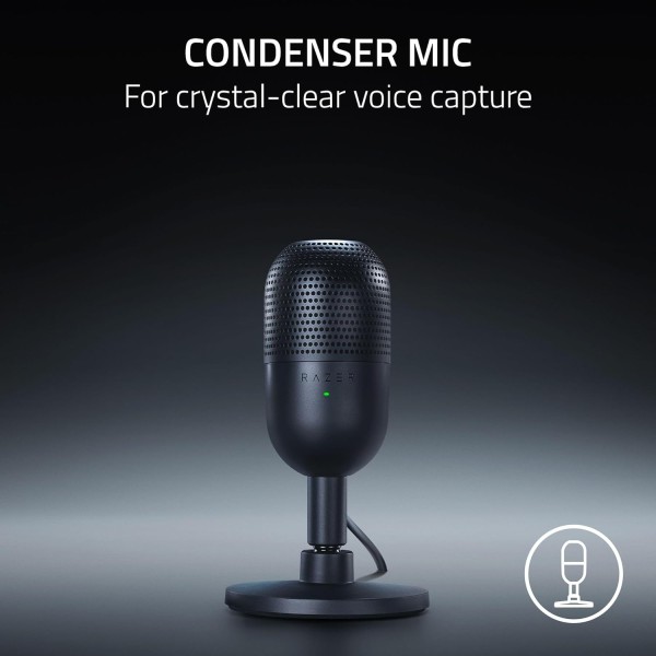 ميكروفون Razer Seiren V3 Mini, النوع كوندنسر بقطر 14 مم, يدعم النمط Super‑cardioid لعزل الضوضاء, زر لـكتم الصوت , توصيل USB‑A إلى USB‑C, قابل للفصل , الوزن 269 غرام - أسود