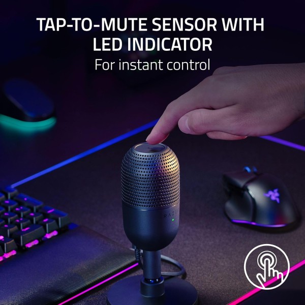 ميكروفون Razer Seiren V3 Mini, النوع كوندنسر بقطر 14 مم, يدعم النمط Super‑cardioid لعزل الضوضاء, زر لـكتم الصوت , توصيل USB‑A إلى USB‑C, قابل للفصل , الوزن 269 غرام - أسود
