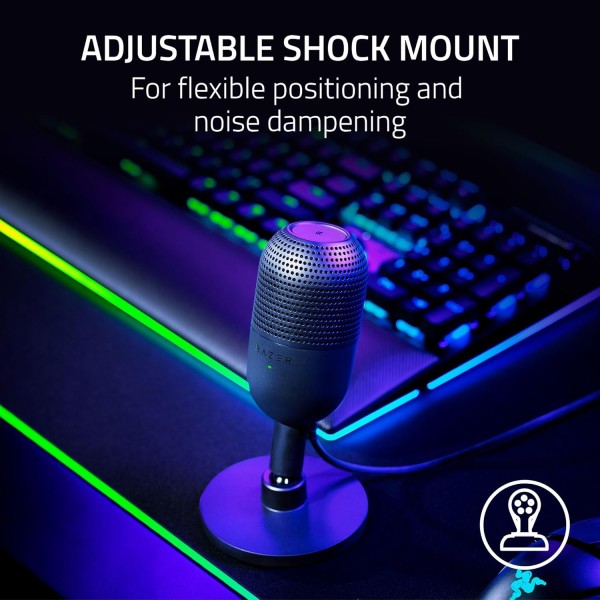 ميكروفون Razer Seiren V3 Mini, النوع كوندنسر بقطر 14 مم, يدعم النمط Super‑cardioid لعزل الضوضاء, زر لـكتم الصوت , توصيل USB‑A إلى USB‑C, قابل للفصل , الوزن 269 غرام - أسود