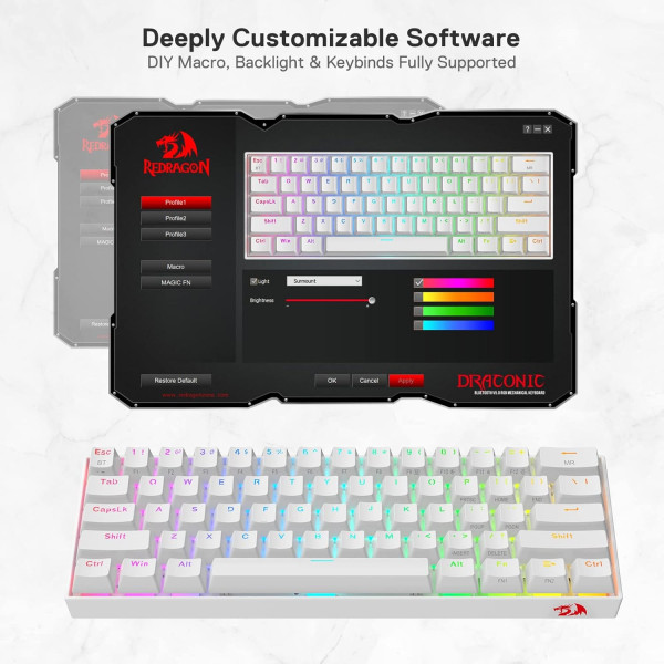 Mechanical Keyboard REDRAGON -RGB-PRO 60% Wireless – Brown Switch – RGB Lighting – WHITE Mechanical Keyboard REDRAGON -RGB-PRO 60% Wireless – Brown Switch – RGB Lighting – WHITE