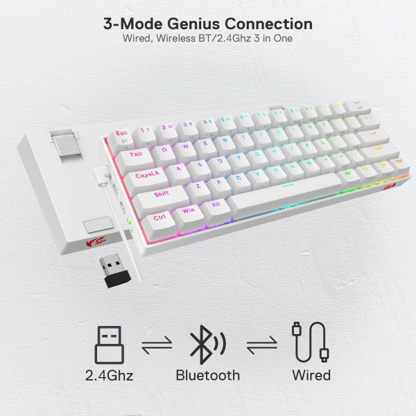 Mechanical Keyboard REDRAGON -RGB-PRO 60% Wireless – Brown Switch – RGB Lighting – WHITE Mechanical Keyboard REDRAGON -RGB-PRO 60% Wireless – Brown Switch – RGB Lighting – WHITE