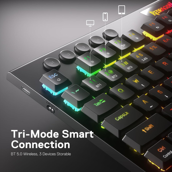 لوحة مفاتيح ميكانيكية REDRAGON K618RGB-PRO HORUS كاملة الحجم – سويتش أحمر – اتصال بلوتوث/لاسلكي – RGB – أسود