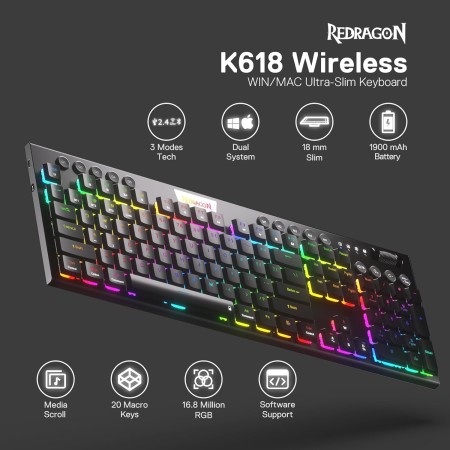 Mechanical Gaming Keyboard REDRAGON K618RGB-PRO HORUS Full-Size – Red Switch – Bluetooth/Wireless – RGB – Black Mechanical Gaming Keyboard REDRAGON K618RGB-PRO HORUS Full-Size – Red Switch – Bluetooth/Wireless – RGB – Black