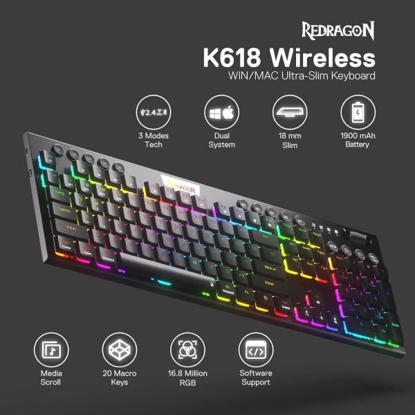 لوحة مفاتيح ميكانيكية REDRAGON K618RGB-PRO HORUS كاملة الحجم – سويتش أحمر – اتصال بلوتوث/لاسلكي – RGB – أسود