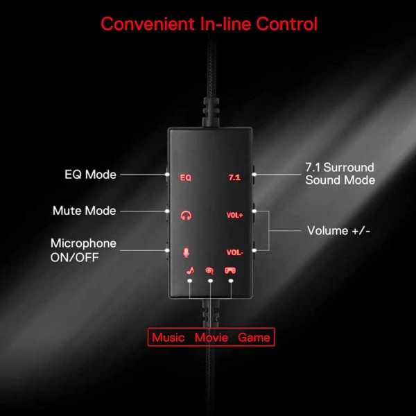 سماعة ألعاب سلكية Redragon H376BR Aurora 7.1 – التحكم في مستوى الصوت من الكابل، وسائد مريحة، صوت محيطي افتراضي 7.1 - اسود