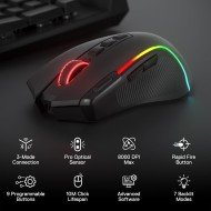 فأرة العاب لاسلكية Redragon M612-RGB-PRO Predator Pro, حساسية قابلة للتبديل حتى 8000 DPI, مع 9 أزرار مخصصة, معدل استجابة إلى 1000Hz - أسود 