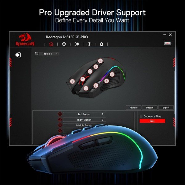 Gaming Mouse Redragon M612-RGB-PRO Predator Pro, 2.4GHz wireless, 9 buttons, 8000 DPI, Up to 1000Hz Polling rate - BLACK Gaming Mouse Redragon M612-RGB-PRO Predator Pro, 2.4GHz wireless, 9 buttons, 8000 DPI, Up to 1000Hz Polling rate - BLACK