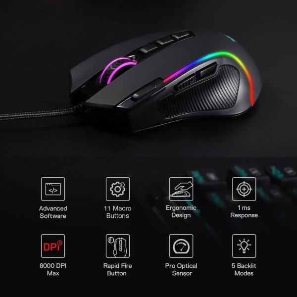 فأرة العاب سلكية Redragon M612-RGB Predator , حساسية قابلة للتبديل حتى 8000 DPI, مع 9 أزرار مخصصة, معدل استجابة إلى 1000Hz - أسود
