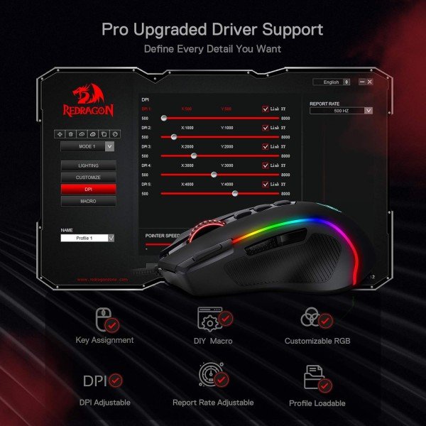فأرة العاب سلكية Redragon M612-RGB Predator , حساسية قابلة للتبديل حتى 8000 DPI, مع 9 أزرار مخصصة, معدل استجابة إلى 1000Hz - أسود