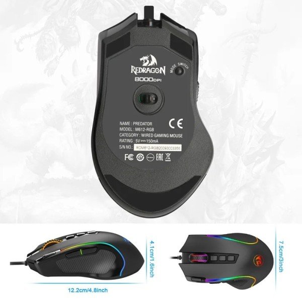 فأرة العاب سلكية Redragon M612-RGB Predator , حساسية قابلة للتبديل حتى 8000 DPI, مع 9 أزرار مخصصة, معدل استجابة إلى 1000Hz - أسود