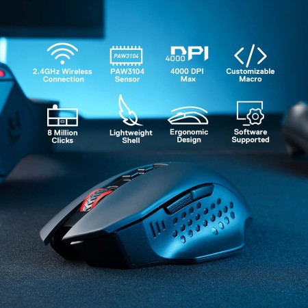 فأرة العاب لاسلكية Redragon M656 Gainer, حساسية قابلة للتبديل حتى 4000 DPI, مع 7 أزرار قابلة للتخصيص, مخصصة لليد اليمنى - أسود