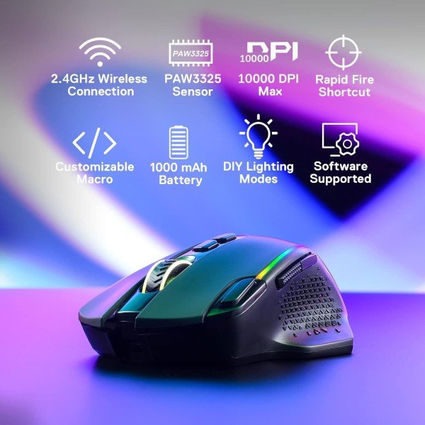 فأرة العاب لاسلكية Redragon M810RGB-PRO, حساسية قابلة للتبديل حتى 10000 DPI, مع 8 أزرار قابلة للتخصيص, مخصصة لليد اليمنى - أسود فأرة العاب لاسلكية Redragon M810RGB-PRO, حساسية قابلة للتبديل حتى 10000 DPI, مع 8 أزرار قابلة للتخصيص, مخصصة لليد اليمنى - أسود