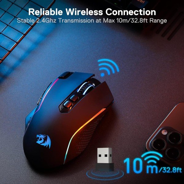 فأرة العاب لاسلكية Redragon M810RGB-PRO, حساسية قابلة للتبديل حتى 10000 DPI, مع 8 أزرار قابلة للتخصيص, مخصصة لليد اليمنى - أسود فأرة العاب لاسلكية Redragon M810RGB-PRO, حساسية قابلة للتبديل حتى 10000 DPI, مع 8 أزرار قابلة للتخصيص, مخصصة لليد اليمنى - أسود