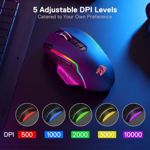 فأرة العاب لاسلكية Redragon M810RGB-PRO, حساسية قابلة للتبديل حتى 10000 DPI, مع 8 أزرار قابلة للتخصيص, مخصصة لليد اليمنى - أسود فأرة العاب لاسلكية Redragon M810RGB-PRO, حساسية قابلة للتبديل حتى 10000 DPI, مع 8 أزرار قابلة للتخصيص, مخصصة لليد اليمنى - أسود