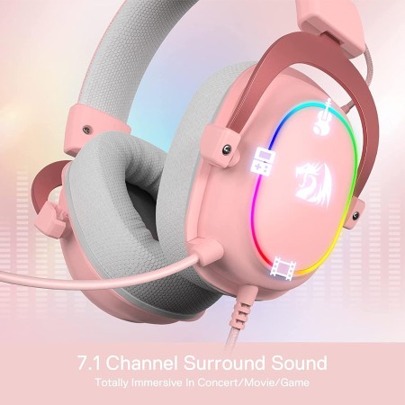 سماعة ألعاب سلكية Redragon Zeus-X H510P RGB، صوت محيطي افتراضي 7.1، ميكروفون عالي الجودة قابل للفصل، تحكم مدمج في الصوت - وردي