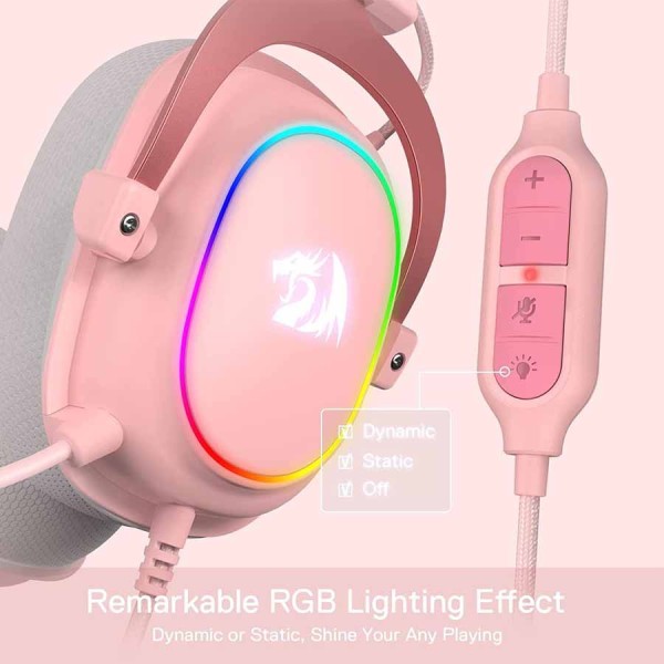 Wired Gaming Headset Redragon Zeus-X H510P RGB ,7.1 virtual surround ,High-quality detachable microphone ,Inline audio controls - Pink
