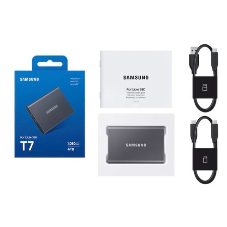 وحدة تخزين خارجية Samsung T7 Portable SSD, بسعة 4 تيرابايت, سرعة قراءة تصل إلى 1050 مب/ثا, واجهة USB 3.2 Gen 2 (10Gbps), دعم برنامج Samsung Magician - أسود
