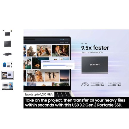 وحدة تخزين خارجية Samsung T7 Portable SSD, بسعة 4 تيرابايت, سرعة قراءة تصل إلى 1050 مب/ثا, واجهة USB 3.2 Gen 2 (10Gbps), دعم برنامج Samsung Magician - أسود