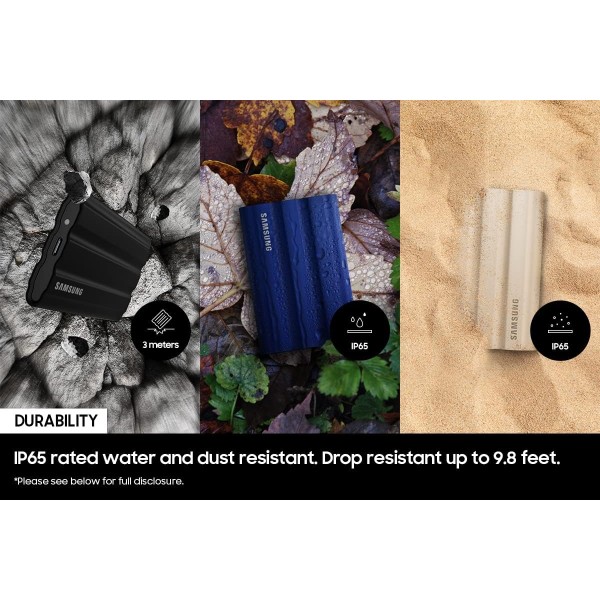 وحدة تخزين خارجية Samsung T7 Shield, بسعة 2 تيرابايت, سرعة قراءة تصل إلى 1050 مب/ثا, تصميم متين مع مقاومة الماء والغبار بمعيار IP65, مقاوم للصدمات - أسود