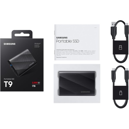 وحدة تخزين خارجية Samsung T9 Portable SSD, سعة 1 تيرابايت, سرعات قراءة و كتابة تصل إلى 2000 مب/ثا, واجهة USB 3.2 Gen 2×2 (20Gbps), تقنية NVMe PCIe, تصميم مقاوم للصدمات - أسود وحدة تخزين خارجية Samsung T9 Portable SSD, سعة 1 تيرابايت, سرعات قراءة و كتابة تصل إلى 2000 مب/ثا, واجهة USB 3.2 Gen 2×2 (20Gbps), تقنية NVMe PCIe, تصميم مقاوم للصدمات - أسود