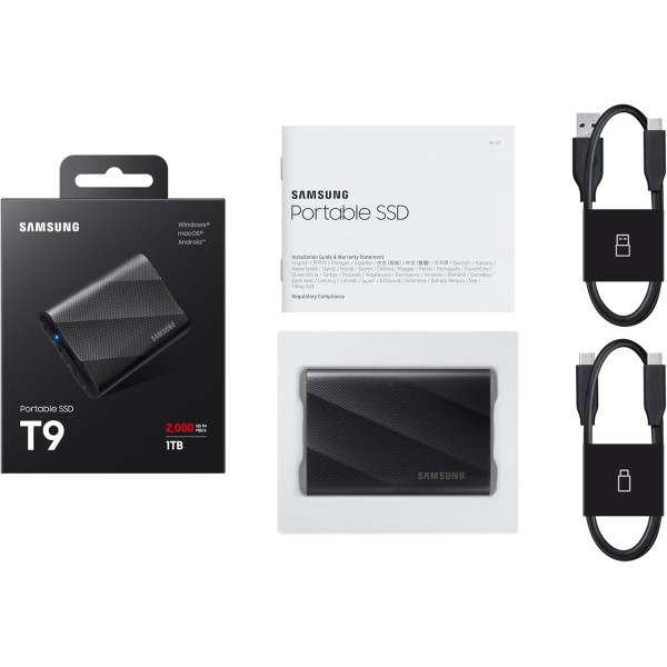 وحدة  تخزين خارجية Samsung T9 Portable SSD, سعة 1 تيرابايت, سرعات قراءة و كتابة تصل إلى 2000 مب/ثا,  واجهة USB 3.2 Gen 2×2 (20Gbps),  تقنية NVMe PCIe, تصميم مقاوم للصدمات - أسود