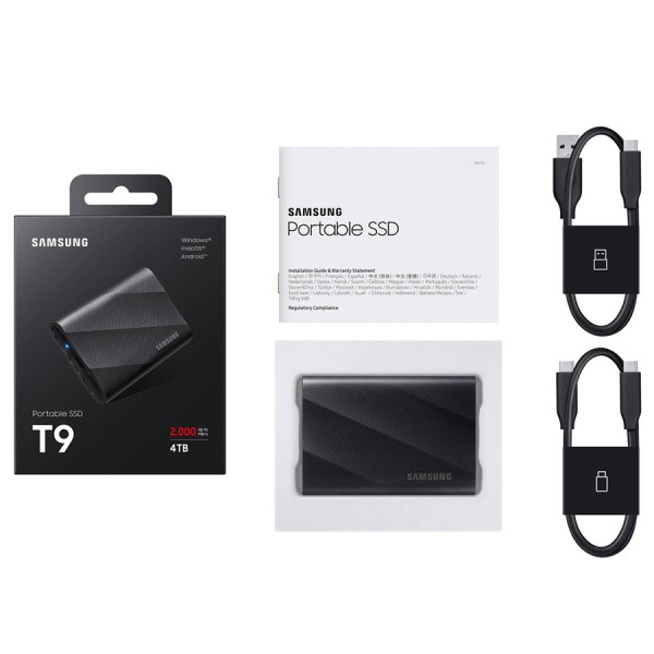 وحدة تخزين خارجية Samsung T9 Portable SS, سعة 4 تيرابايت, سرعات قراءة و كتابة تصل إلى 2000 مب/ثا, واجهة USB 3.2 Gen 2×2 (20Gbps), تقنية NVMe PCIe, تصميم مقاوم للصدمات - أسود وحدة تخزين خارجية Samsung T9 Portable SS, سعة 4 تيرابايت, سرعات قراءة و كتابة تصل إلى 2000 مب/ثا, واجهة USB 3.2 Gen 2×2 (20Gbps), تقنية NVMe PCIe, تصميم مقاوم للصدمات - أسود