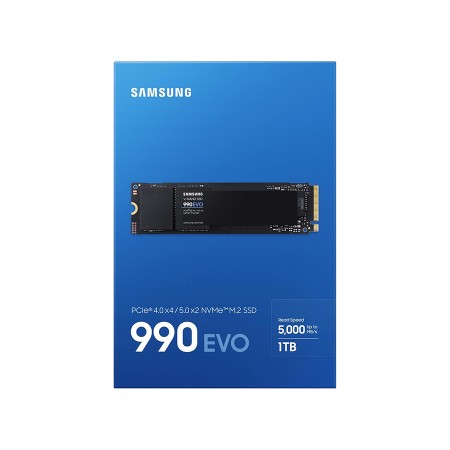 وحدة تخزين داخلية Samsung 990 EVO, سعة 1 تيرابايت, تصميم M.2 2280 NVMe,  واجهة PCIe 4.0 , سرعة القراءة حتى 5000 مب/ثا, ذاكرة 3D TLC V-NAND, دعم Samsung Magician