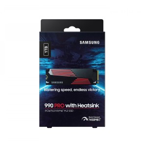 وحدة تخزين داخلية Samsung 990 PRO مع مشتت حراري, سعة 1 تيرابايت, تصميم M.2 2280 NVMe,  واجهة PCIe 4.0 , سرعة القراءة حتى 7450 مب/ثا, ذاكرة 3D TLC V-NAND, دعم Samsung Magician