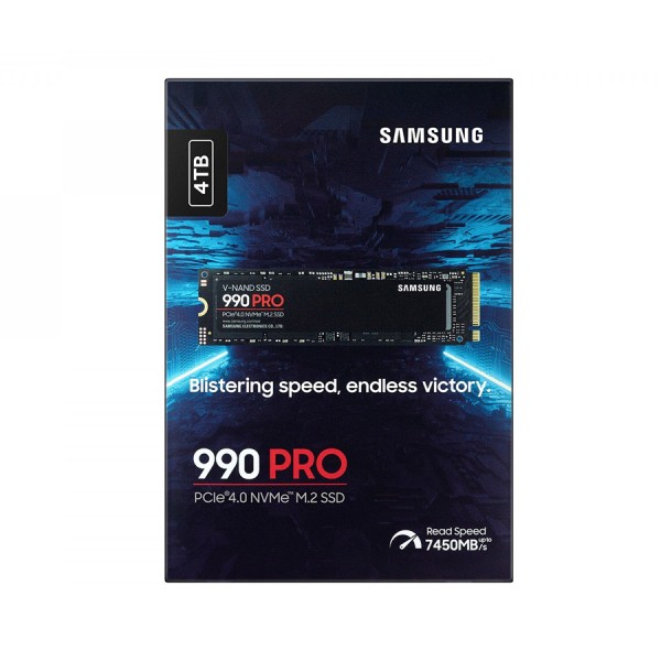 وحدة تخزين داخلية Samsung 990 PRO, سعة 4 تيرابايت, تصميم M.2 2280 NVMe,  واجهة PCIe 4.0 ×4 , سرعة القراءة حتى 7450 مب/ثا, ذاكرة 3D TLC V-NAND, دعم Samsung Magician