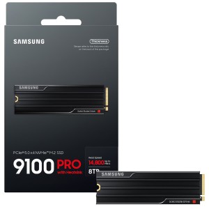 وحدة التخزين Samsung 9100 PRO بسعة 8TB من نوع PCIe 5.0 NVMe M.2 يقدم سرعة تصل إلى 14700MB/s مع ذاكرة V-NAND TLC ويأتي بواجهة PCIe 5.0 مع مشتت حراري مدمج