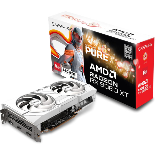 كرت شاشة SAPPHIRE PURE Radeon RX 9060 XT 16GB GDDR6 مزدوج المراوح – أبيض
