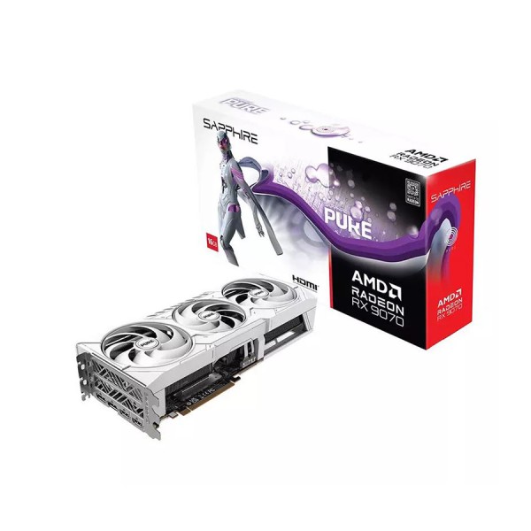 كرت شاشة SAPPHIRE PURE Radeon RX 9070 , ذاكرة 16GB GDDR6, اصدار مكسور السرعة OC, نظام تبريد ثلاثي المراوح, معمارية RDNA 4, واجهة PCIe 5.0 – أبيض
