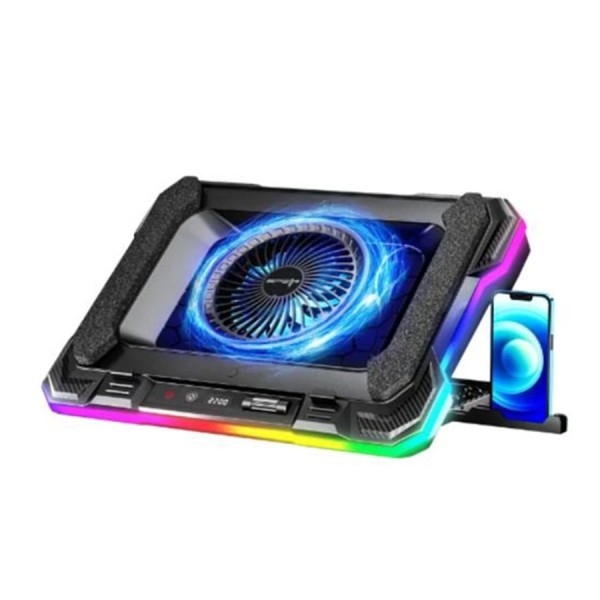حامل لابتوب SPEAR ChillMax, مزود بمروحة مقاس 140 مم, 7 زوايا قابلة للتعديل, إضاءة RGB, التحكم بالإضاءة عبر شاشة لمس LCD, منفذان USB 2.0, حامل مدمج للجوال - أسود حامل لابتوب SPEAR ChillMax, مزود بمروحة مقاس 140 مم, 7 زوايا قابلة للتعديل, إضاءة RGB, التحكم بالإضاءة عبر شاشة لمس LCD, منفذان USB 2.0, حامل مدمج للجوال - أسود