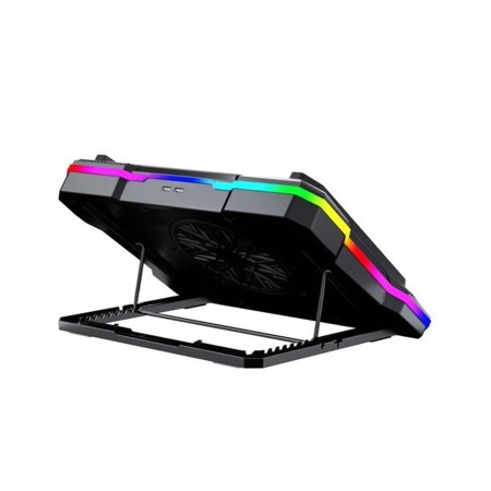 حامل لابتوب SPEAR ChillMax, مزود بمروحة مقاس 140 مم, 7 زوايا قابلة للتعديل, إضاءة RGB, التحكم بالإضاءة عبر شاشة لمس LCD, منفذان USB 2.0, حامل مدمج للجوال - أسود