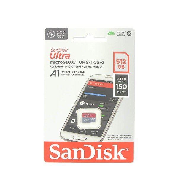 كرت ذاكرة SanDisk Ultra microSDXC UHS-I, سعة 512 جيجابايت, سرعة نقل تصل إلى 150 م/ثا, مقاوم للماء و الصدمات, متوافقة مع أجهزة أندرويد، الكاميرات، وطقم Nintendo Switch