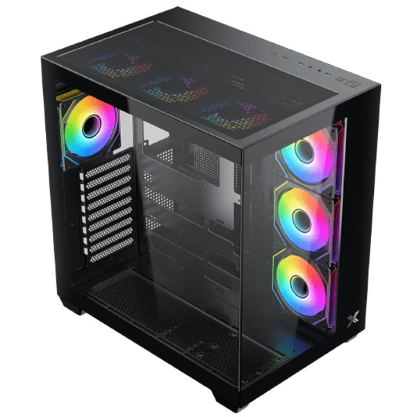 صندوق احترافي XIGMATEK Aqua V Air مع 7 مراوح ARGB مُثبتة مسبقًا، يدعم لوحات E-ATX وATX وMicro-ATX، مزوّد بواجهة I/O تشمل منفذ USB-C ومنفذي USB 3.0 مزدوجين - اسود