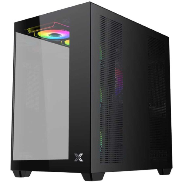 صندوق احترافي XIGMATEK Aqua V Air مع 7 مراوح ARGB مُثبتة مسبقًا، يدعم لوحات E-ATX وATX وMicro-ATX، مزوّد بواجهة I/O تشمل منفذ USB-C ومنفذي USB 3.0 مزدوجين - اسود