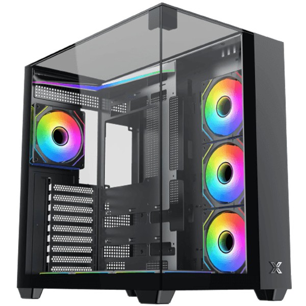 صندوق احترافي XIGMATEK Aqua V مع مراوح ARGB مُثبّتة مسبقًا، يدعم لوحات E-ATX وATX وMicro-ATX، مع منافذ I/O تتضمن USB-C ومنفذي USB 3.0 مزدوجين - اسود