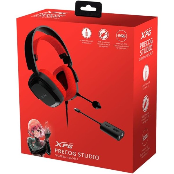 سماعة رأس احترافية XPG PRECOG Studio, صوت محيطي 7.1, ميكروفون قابل للإزالة, اتصال عبر USB-C, تصميم Over-Ear - أسود/أحمر