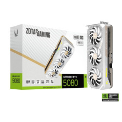 كرت شاشة احترافي ZOTAC RTX 5080 SOLID, ذاكرة 16GB GDDR7, نظام تبريد IceStorm 3.0 ب 3 مراوح, واجهة PCIe 5.0, اصدار مكسور السرعة OC, دعم DLSS4 و Ray Tracing - أبيض