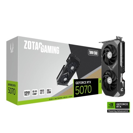كرت شاشة احترافي ZOTAC Twin Edge GeForce RTX 5070, ذاكرة 12GB GDDR7, تبريد ثنائي المراوح, واجهة PCIe 5.0 x16, يدعم تقنيات  Ray Tracing وDLSS 4 و NVIDIA Reflex - أسود